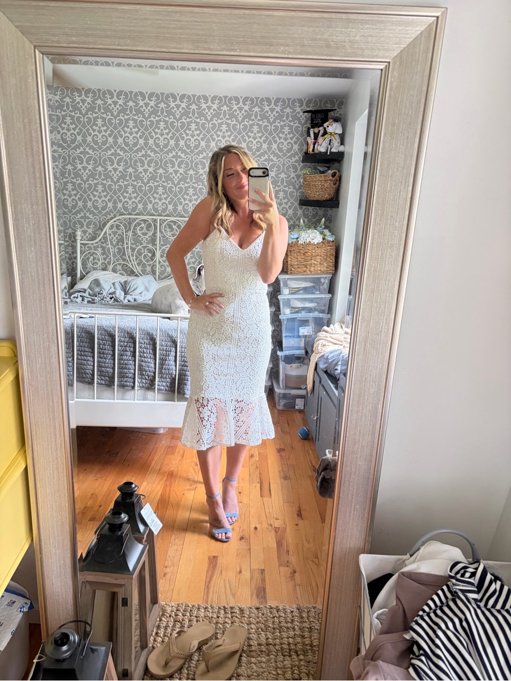 Siena Studio White Lace V-Neck Midi Dress with Flared Hem